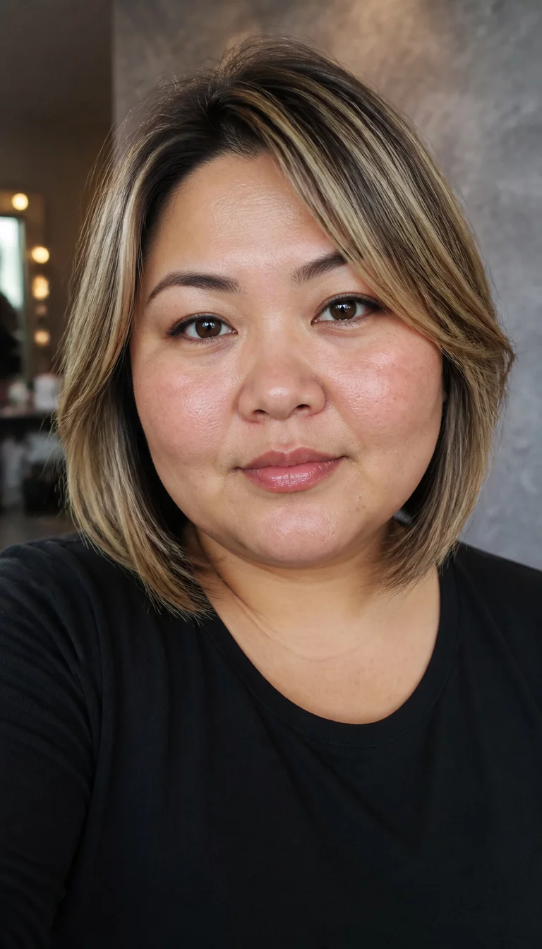 selfie of a 34-year-old plus size East Asian woman with a chubby face and a slightly rounded, soft nose. The skin is heavily textured with a complex pattern of faint sun spots on the cheeks and a small, flat mole near the jawline. The eyes are almond-shaped dark brown. She is wearing a simple black top with a chic bob hairstyle featuring blonde highlights and soft ends, front view, studio setting with a subtly blurred background.