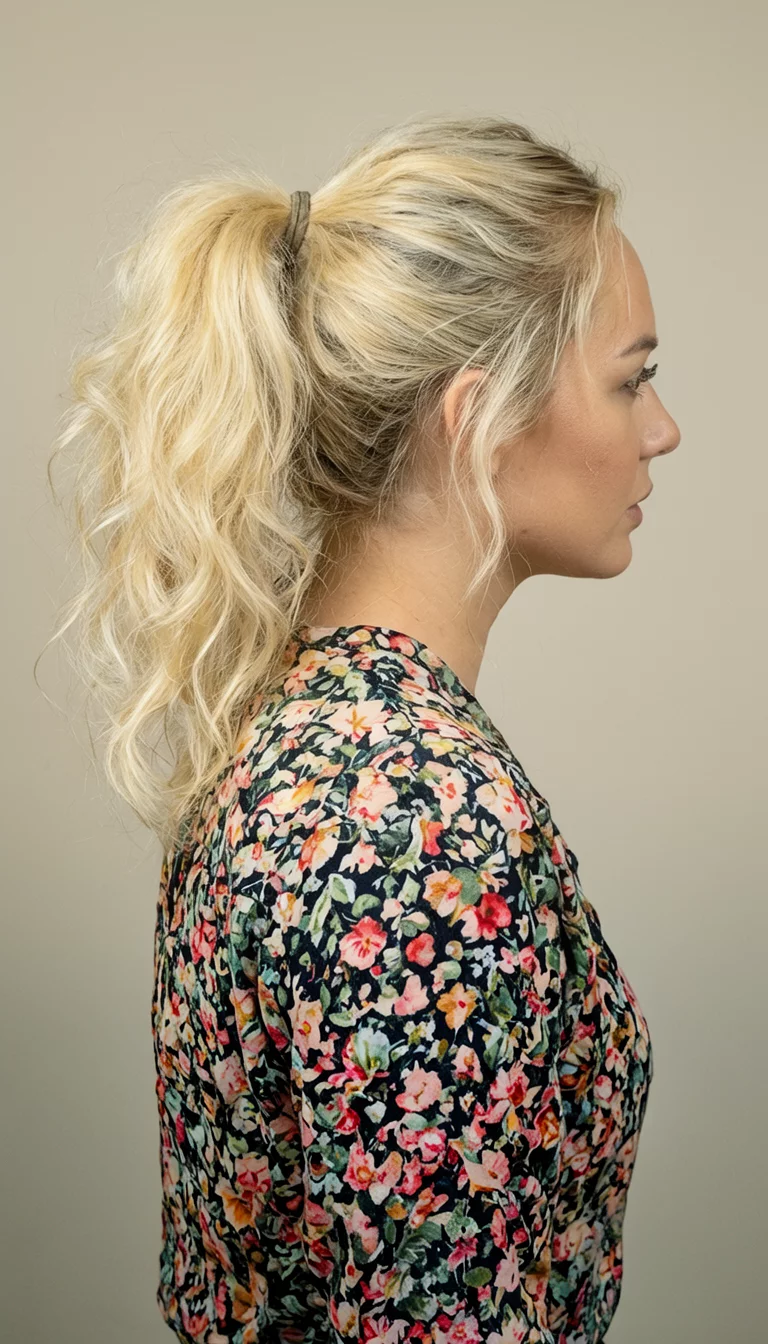 Sun Kissed Side Profile Waves casual photo of a 29-year-old woman wearing a floral-patterned top with a bright blonde high ponytail featuring loose, airy waves, side view, plain background