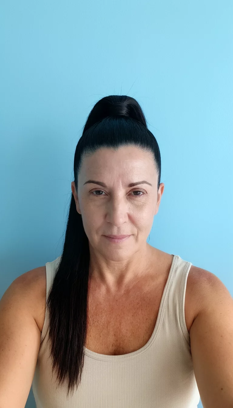 Sharp Parted Minimalist Tail selfie of a 45-year-old woman wearing a light-colored tank top with straight, dark hair styled into a very sleek, high ponytail with a sharp side part, front view, plain light blue wall