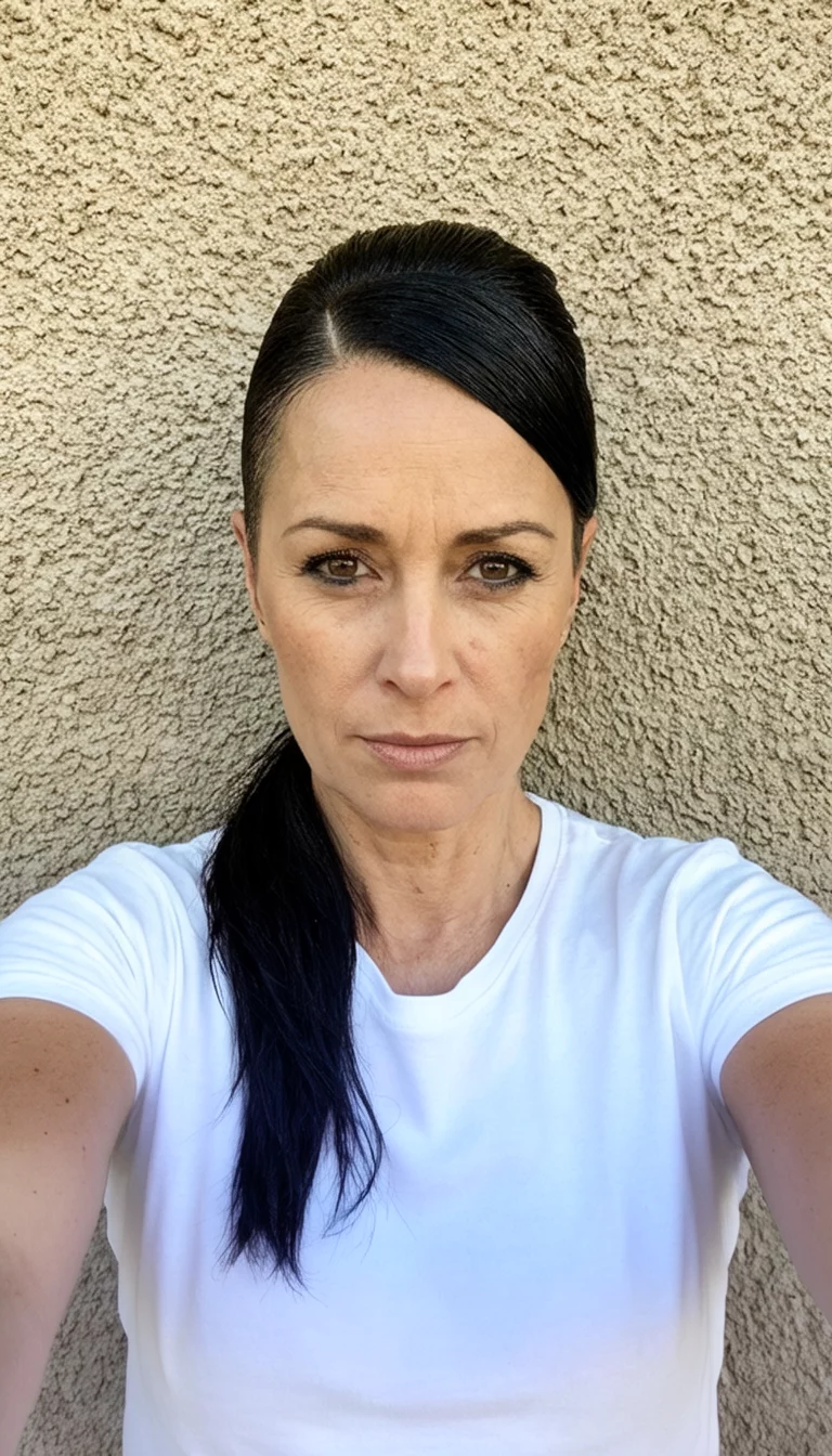Dramatic Side Part Precision selfie of a 38-year-old woman wearing a white t-shirt with dark, slicked-back hair styled into a side ponytail with a sharp side part, front view, textured wall