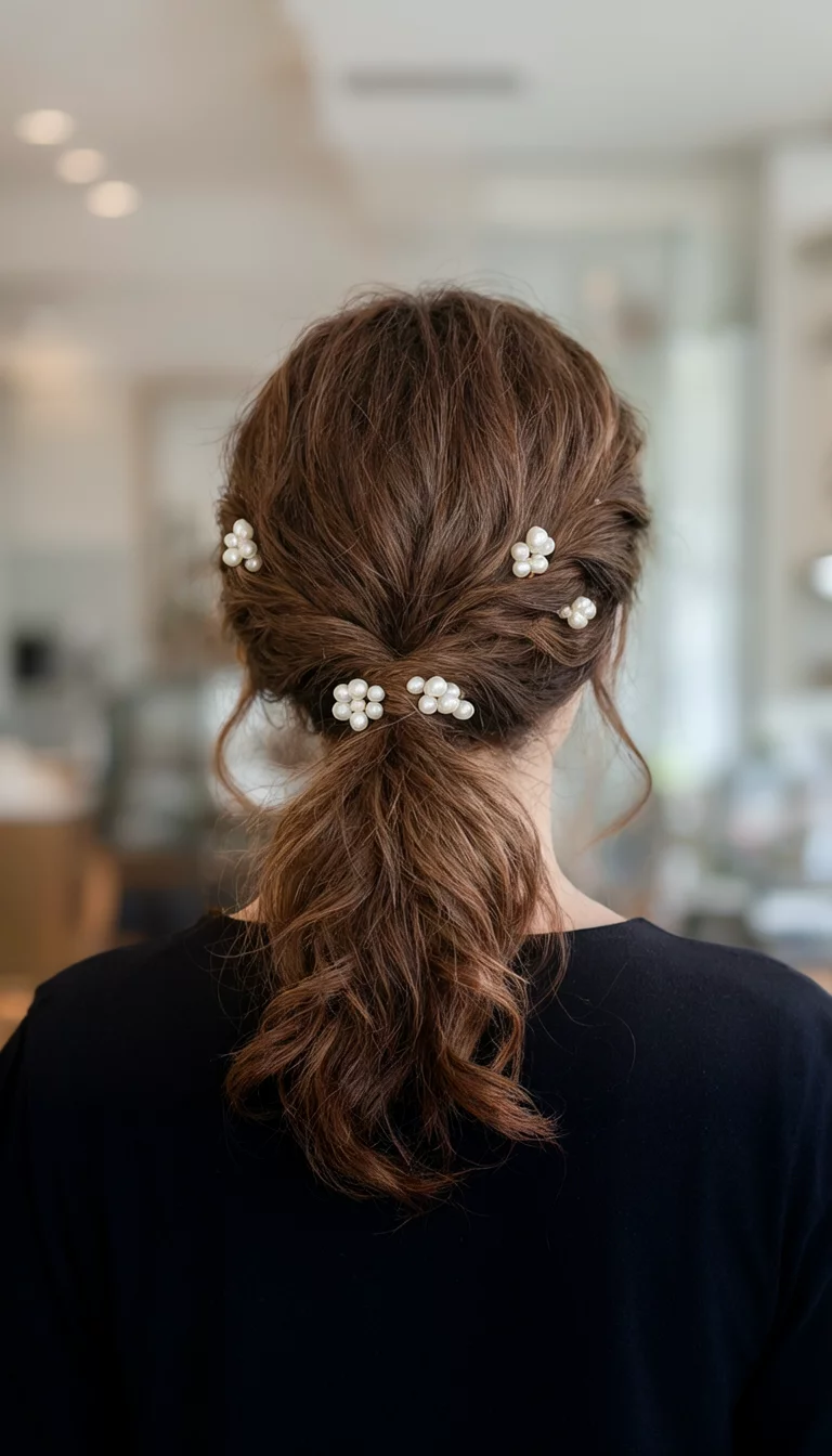 Pearl Adorned Twisted Low Pony casual photo of a 35-year-old woman wearing a black top with brown, wavy hair adorned with pearl pins styled into a twisted low ponytail, back view, blurred indoor setting