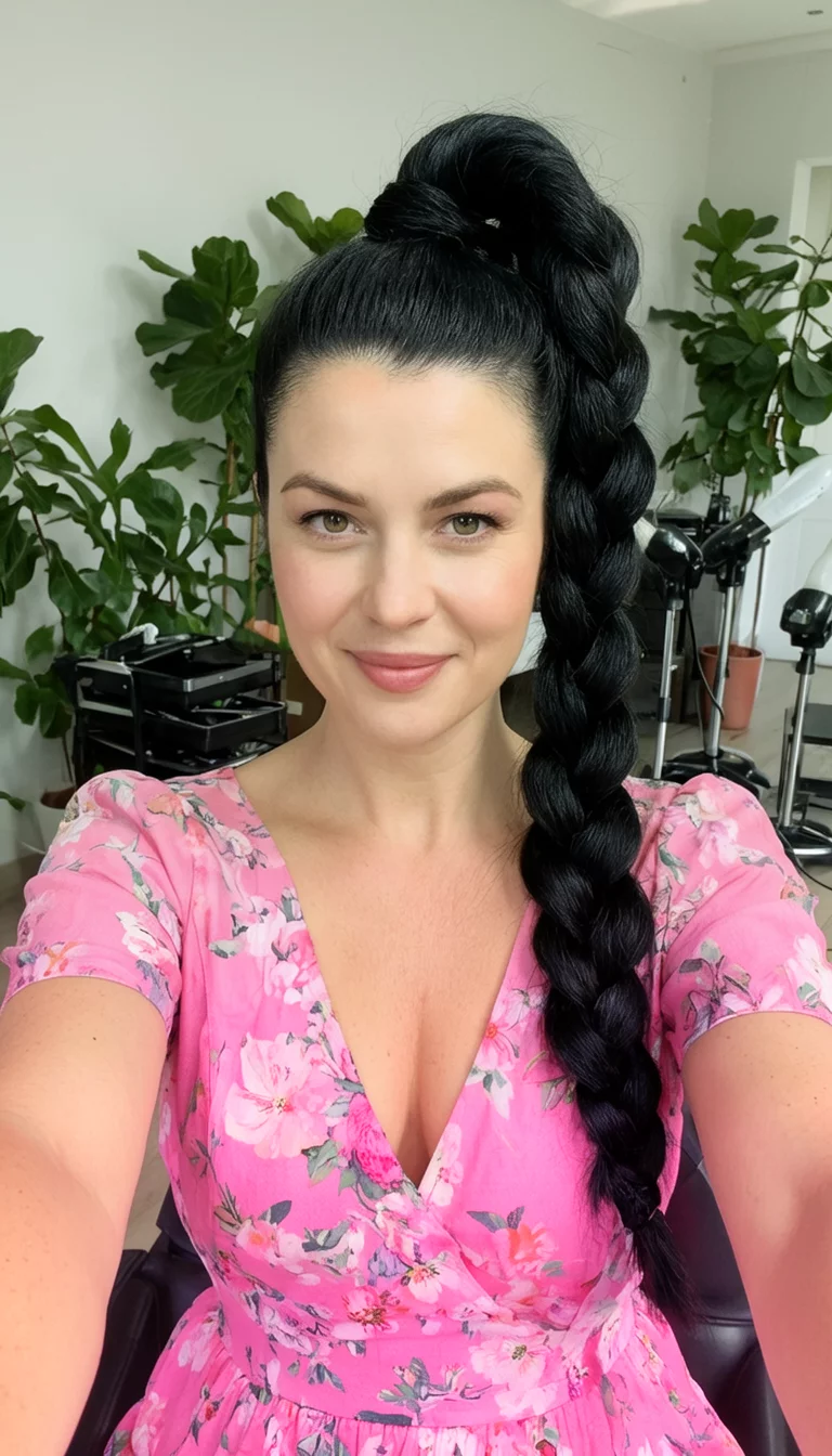Intricate Rope Braid Masterpiece selfie of a 37-year-old woman wearing a pink floral-print dress with smooth black hair styled in a very intricate, large rope braided ponytail, front view, room with plants and salon equipment