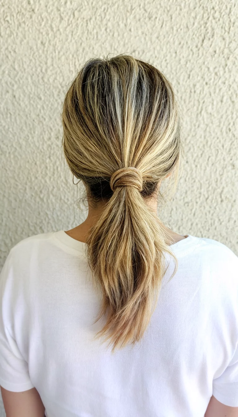 Twisted Knot Low Profile casual photo of a 39-year-old woman wearing a white top with blonde, multi-toned hair styled in a low ponytail with a twisted knot, back view, textured light-colored wall