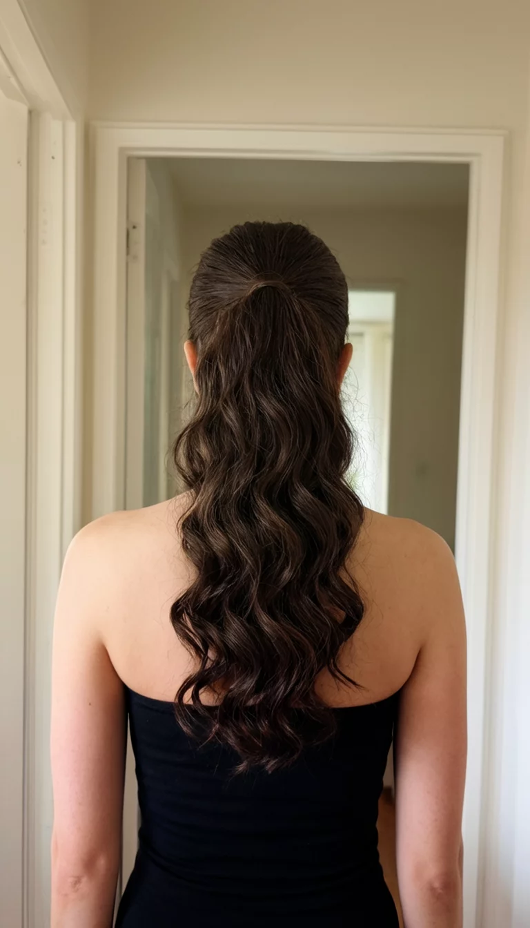 High Volume Wavy Elegance back view of a 34-year-old woman wearing a black strapless top with a high, voluminous dark brown ponytail styled in thick waves, back view, indoor setting with doorways