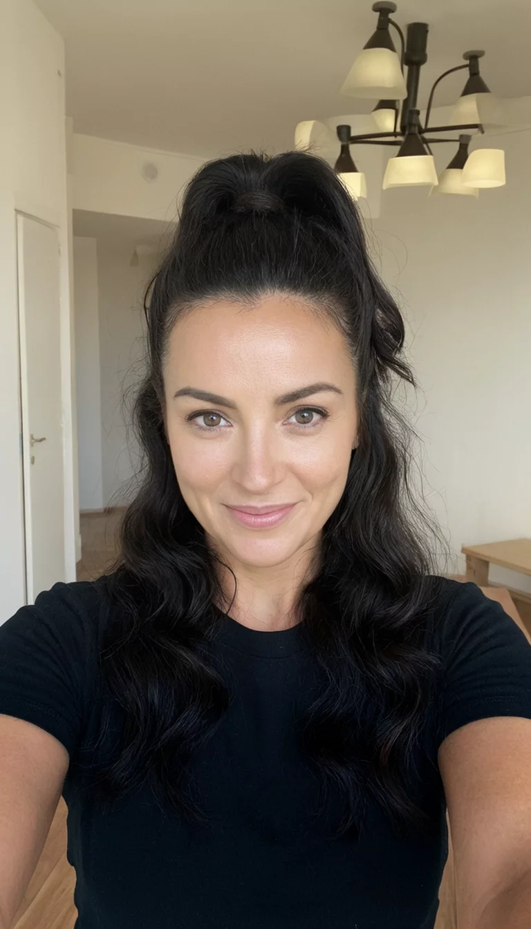 Elegant Tutorial Waves selfie of a 32-year-old woman wearing a black top with very dark, long hair styled in a high, elegant ponytail with soft waves, front view, room with lighting fixtures