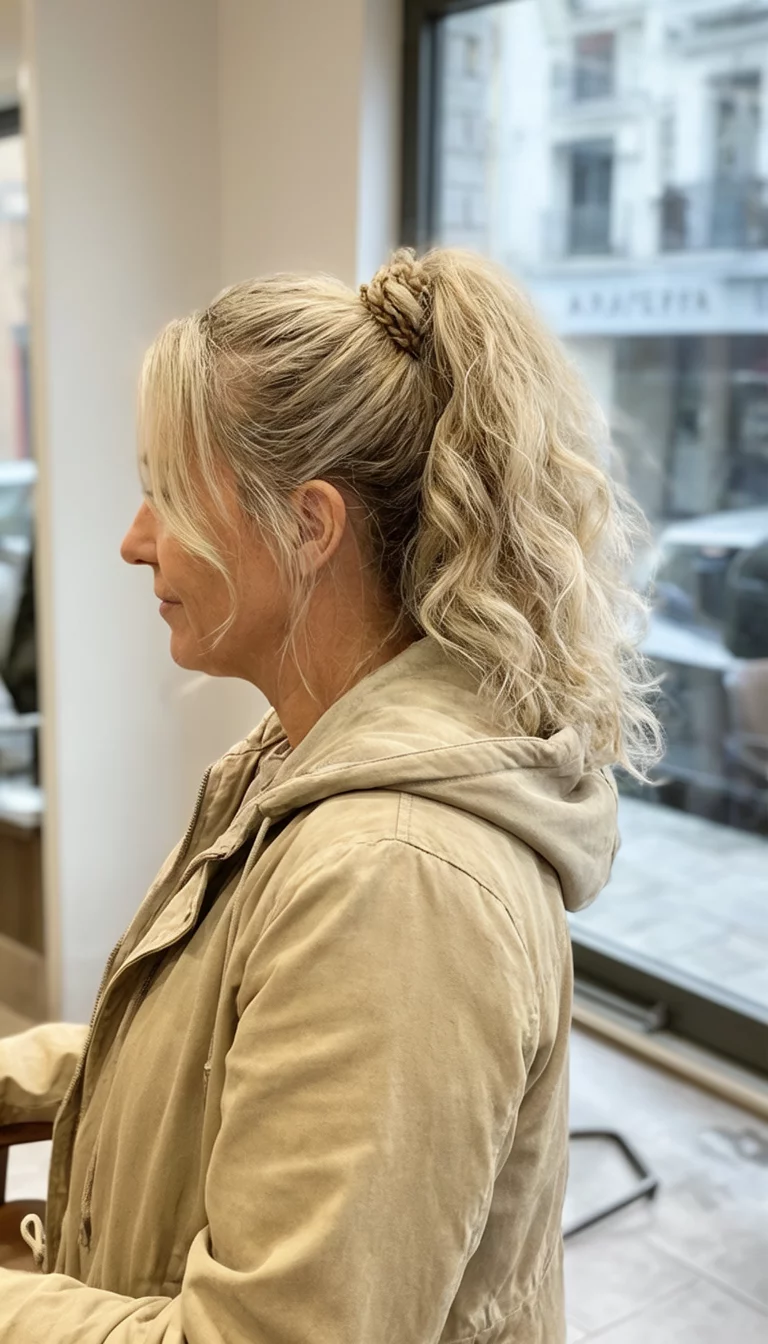Voluminous Salon Braided Tail casual photo of a 42-year-old woman wearing a beige hooded jacket with very light blonde, wavy hair styled in a voluminous, high ponytail with a braided detail, side view, salon background with a window