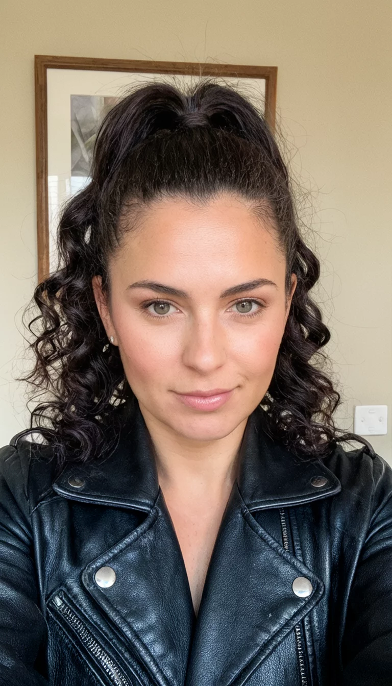 Leather Jacket Edge With Curls selfie of a 28-year-old woman wearing a black leather jacket with dark, textured hair pulled into a high ponytail with face-framing curls, front view, indoor setting with a framed picture