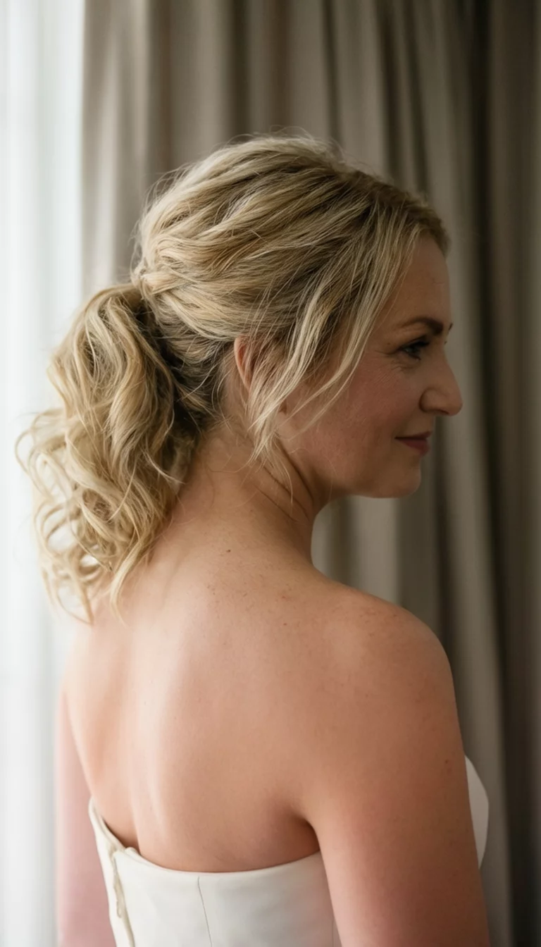 Soft Focus Mid Height Pony casual photo of a 36-year-old woman wearing a strapless garment with blonde, wavy hair styled in a mid-height ponytail, side view, soft focus background of curtains