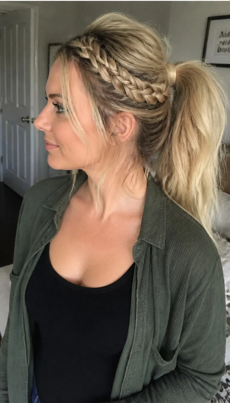 Braided Crown And Messy Texture casual photo of a 33-year-old woman wearing a black tank top and a dark green top with a blonde ponytail featuring a braided crown and messy waves, side view, indoor background
