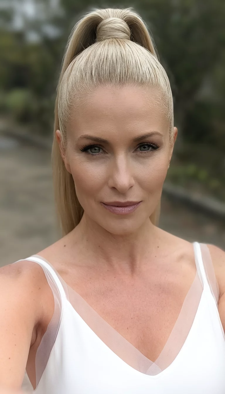 Sleek Bridal High Tail selfie of a 31-year-old woman wearing a white garment with sheer straps with a sleek, polished light blonde high ponytail, front view, subtly blurred background