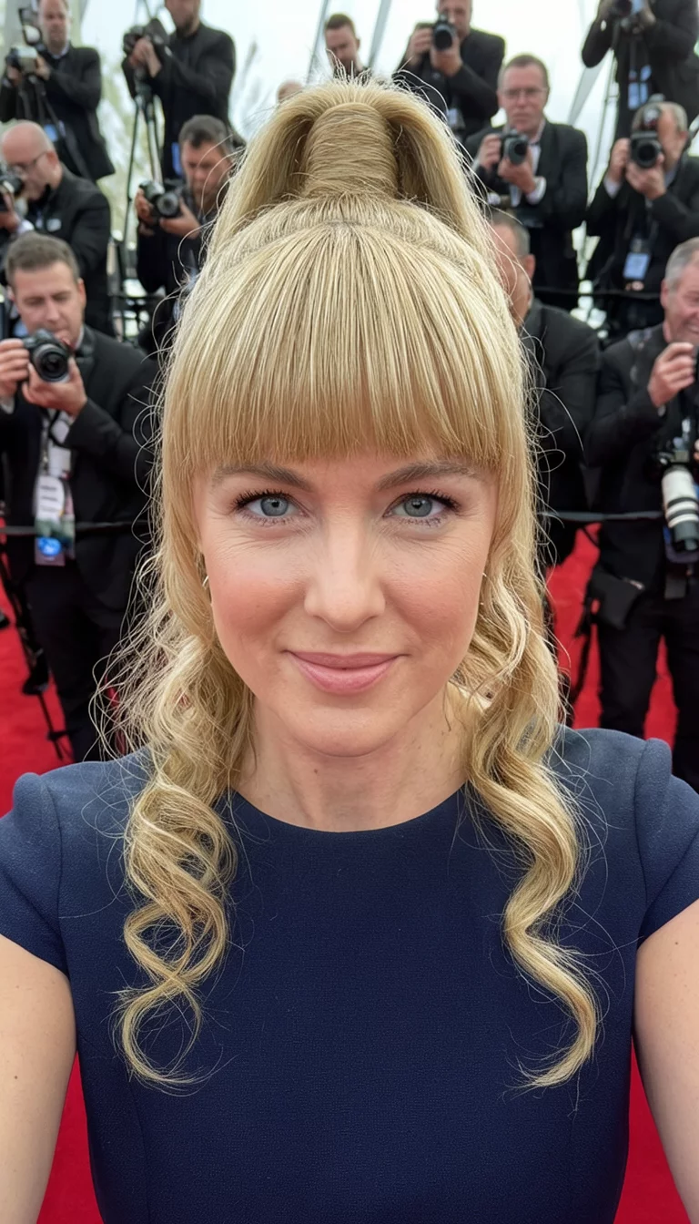 Red Carpet Sleekness With Bangs selfie of a 30-year-old woman wearing a dark top with blonde hair styled in a high, sleek ponytail with curled ends and blunt bangs, front view, red carpet event