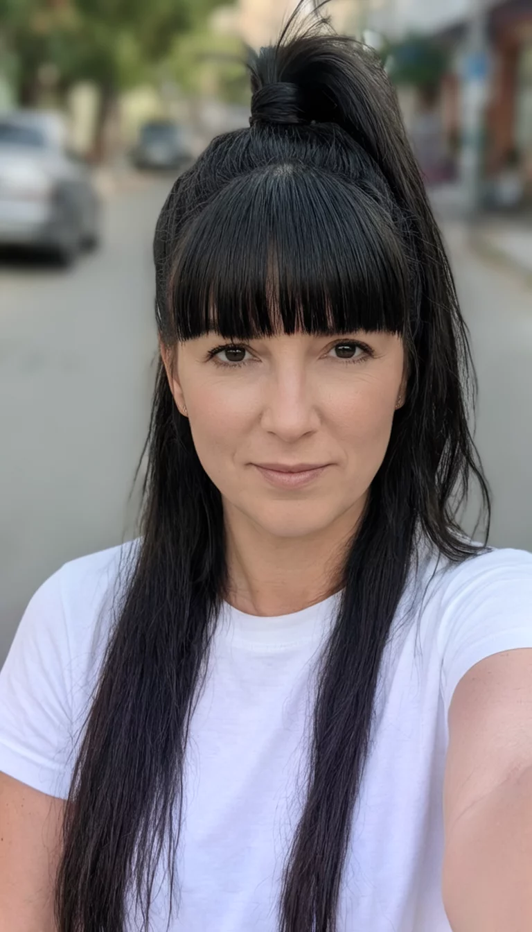 High Tail With Straight Bangs selfie of a 31-year-old woman wearing a white t-shirt with long, dark hair styled into a very high ponytail with straight-across bangs, front view, blurred background
