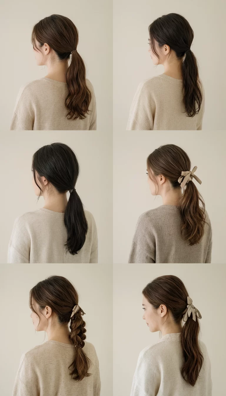 Low Pony Variety Collage casual photo of several 30-year-old women wearing various neutral tops with different low ponytail hairstyles including sleek, braided, and ribbon-adorned versions, neutral background