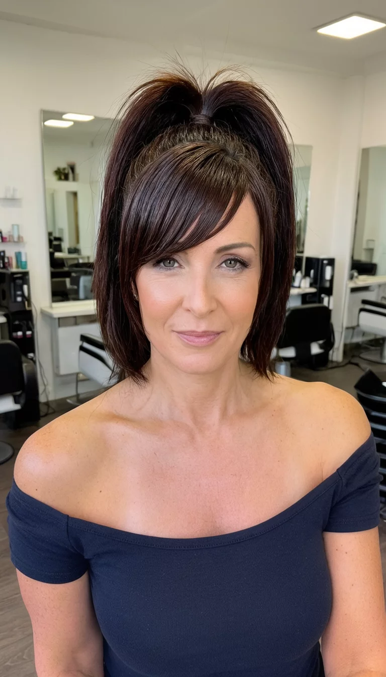 Glossy Volume with Swept Bangs selfie of a 41-year-old woman wearing an off-the-shoulder top with dark, glossy brown hair styled in a high ponytail with dramatic volume and swept-back bangs, front view, indoor salon setting