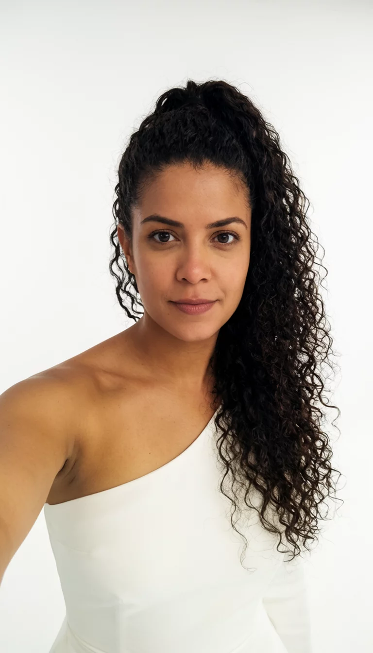 Ultra Long One Shoulder Curls selfie of a 33-year-old woman wearing a white, one-shoulder outfit with dark, curly hair styled into a very long, high ponytail, front view, plain white studio setting
