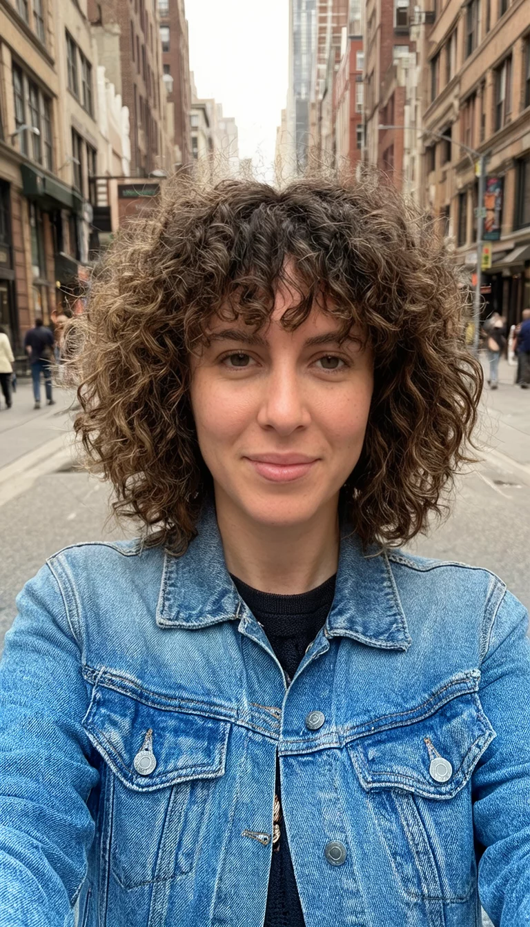 selfie of a 29-year-old woman wearing a denim jacket with a layered curly wolf cut, front view, city street background