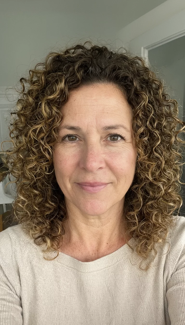 selfie of a 44-year-old woman wearing a neutral top with a detailed curly hairstyle, front view, close-up shot