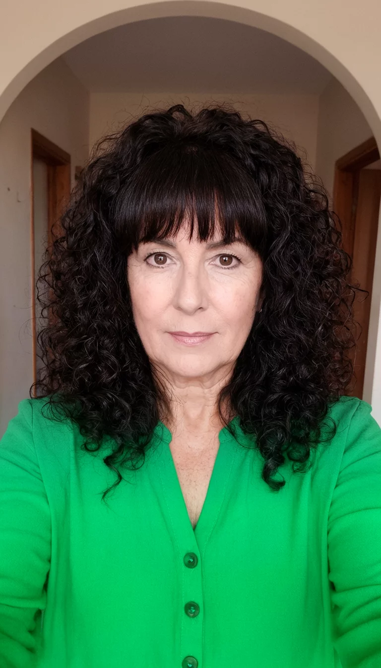 selfie of a 47-year-old woman wearing a green button-up top with a voluminous, dark curly hairstyle and bangs, front view, indoor archway