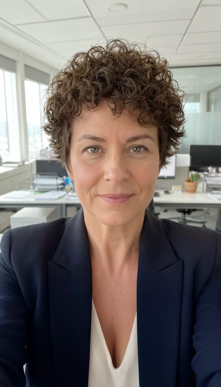 selfie of a 39-year-old woman wearing a blazer with a short curly pixie cut, front view, office background