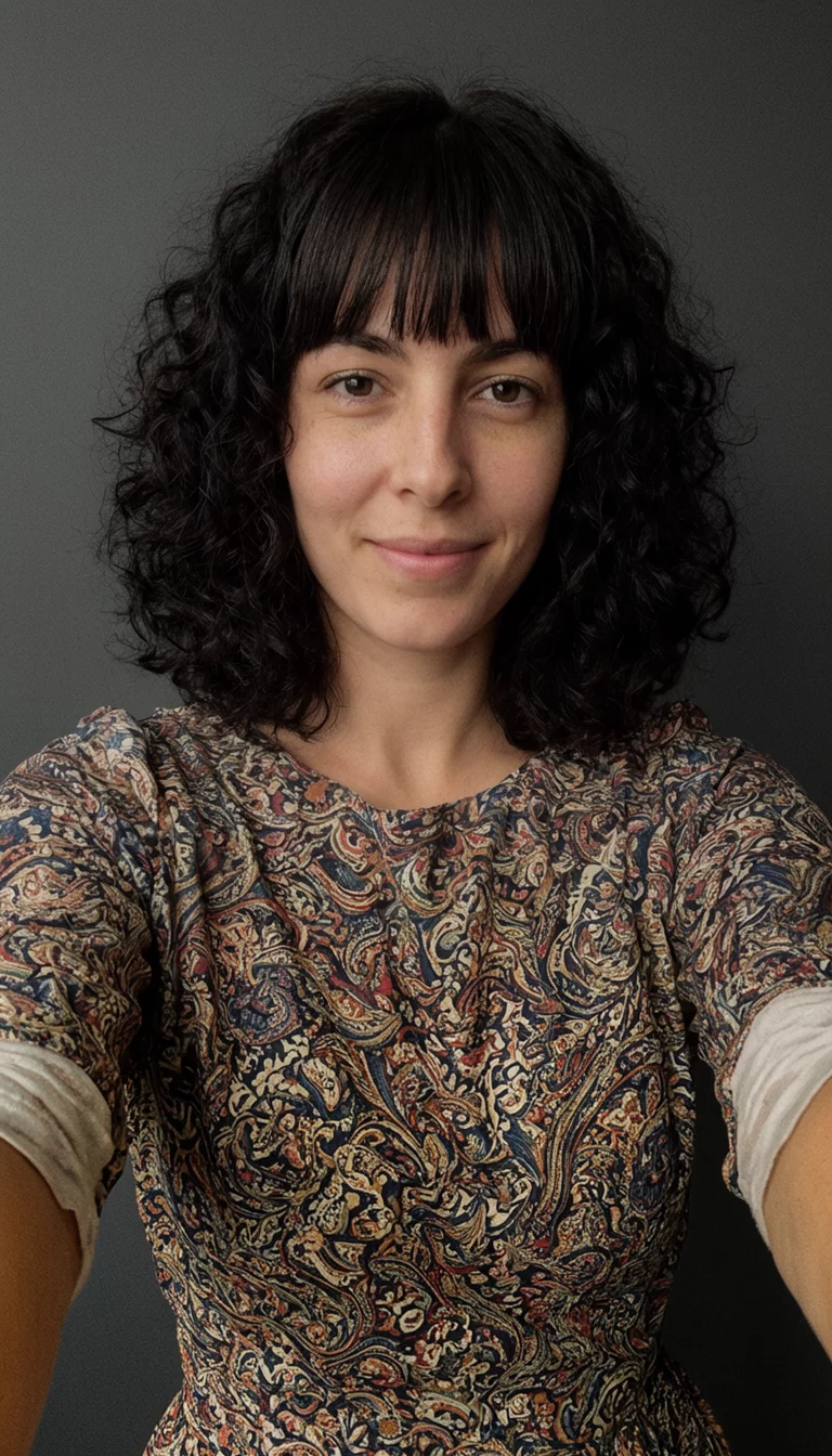 selfie of a 27-year-old woman wearing a patterned dress with a dark, curly shoulder-length hair and bangs, front view, dark gray background