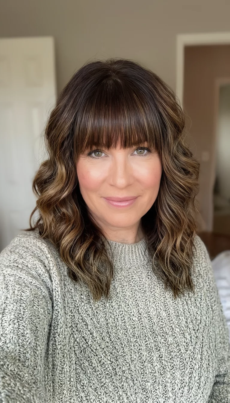 selfie of a 35-year-old woman wearing a sweater with a trendy fall hair cut featuring wavy styles and bangs, front view, indoor setting