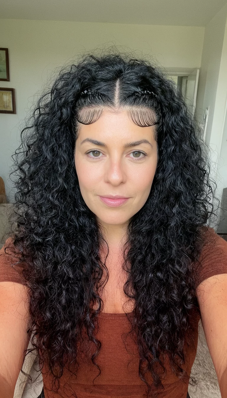 selfie of a 41-year-old woman wearing a brown top with a long, dark, voluminous curly hair and stylish baby hairs, front view, room interior