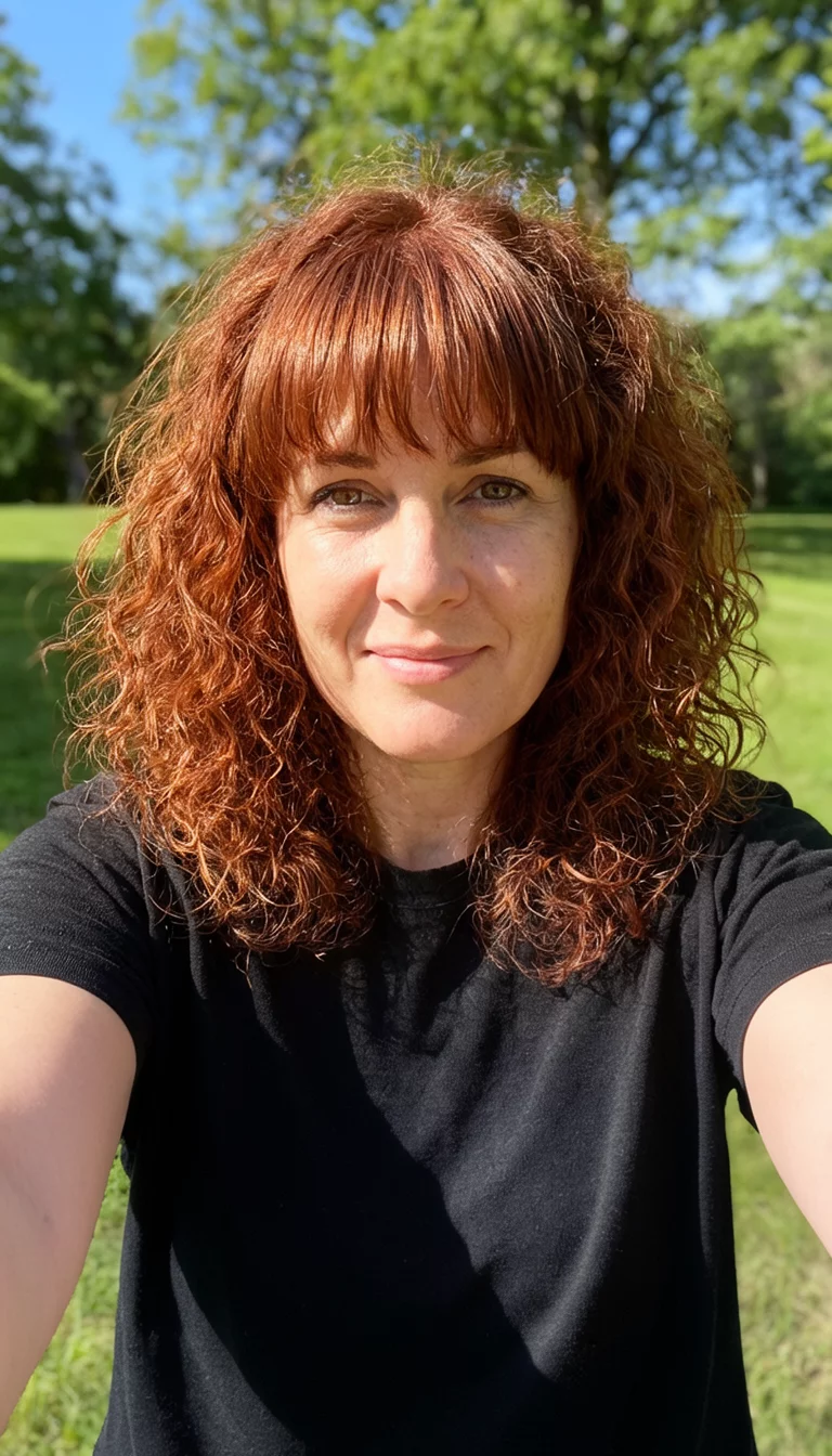 selfie of a 31-year-old woman wearing a black t-shirt with a medium-length, auburn curly hair and bangs, front view, sunny outdoor background