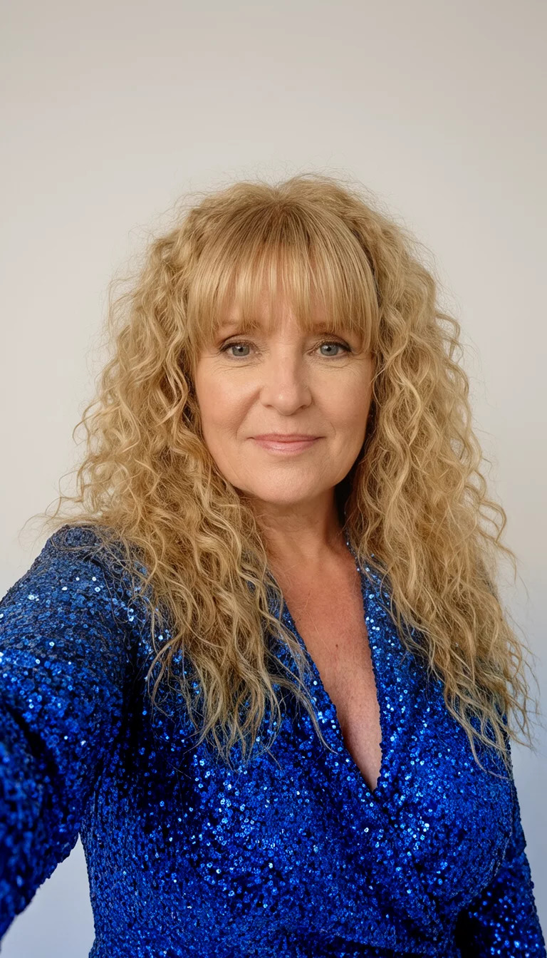 selfie of a 42-year-old woman wearing a sparkly blue outfit with a long, flowing, sandy blonde curly hair and bangs, front view, studio setting