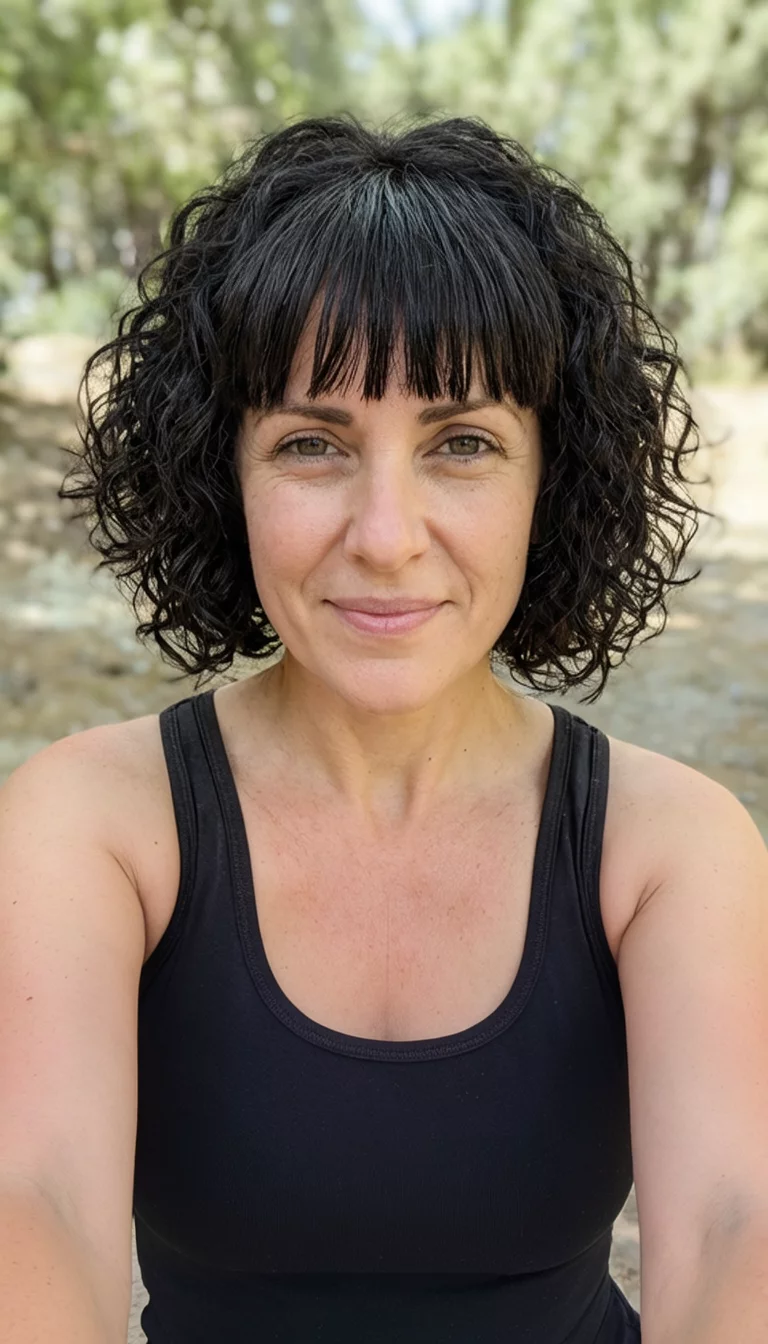 selfie of a 33-year-old woman wearing a black tank top with a short, dark curly haircut and bangs, front view, outdoor setting