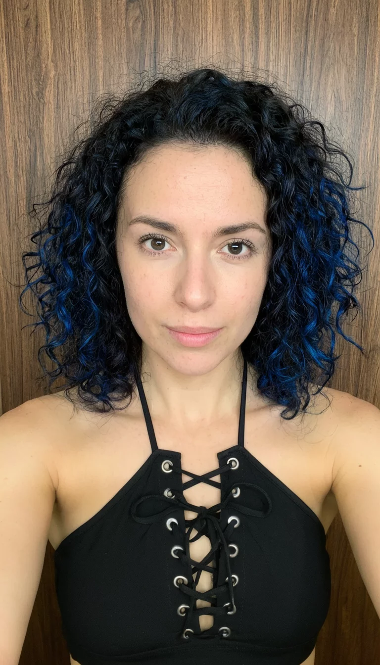 selfie of a 28-year-old woman wearing a black lace-up halter top with a dark, curly hair with blue highlights, front view, wood-grain background