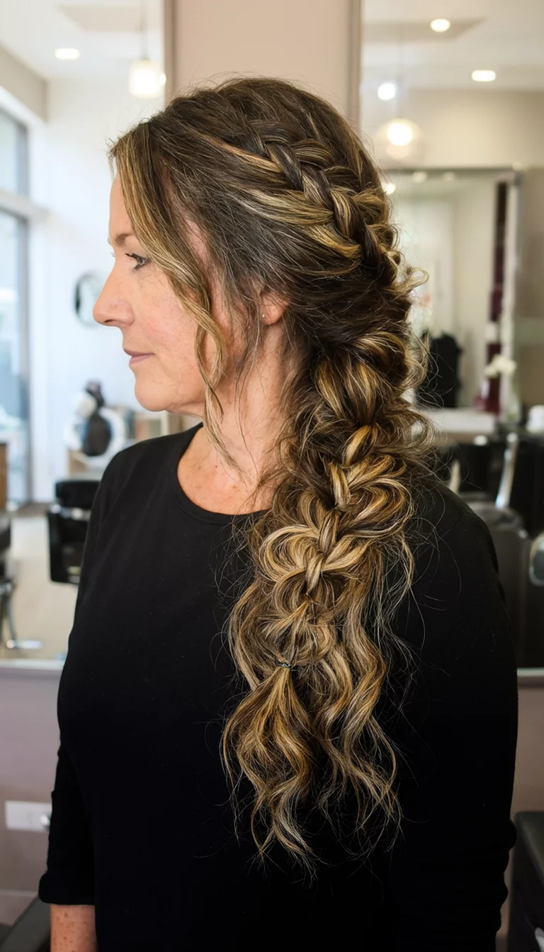 casual photo of a 45-year-old woman wearing a black top with a long, braided hair featuring lighter highlights and loose curls, side view, salon-like setting