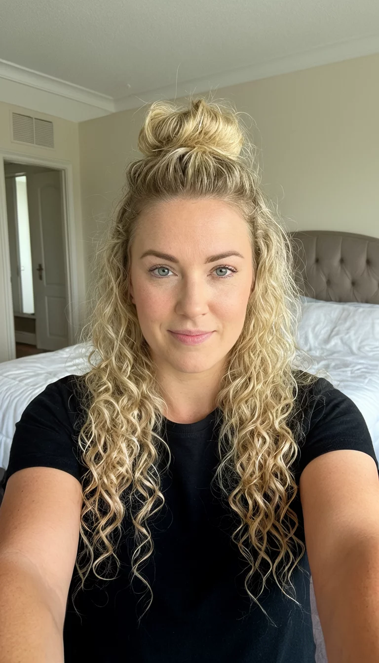 selfie of a 28-year-old woman wearing a black t-shirt with a long, blonde curly hair being styled upwards, front view, bedroom setting