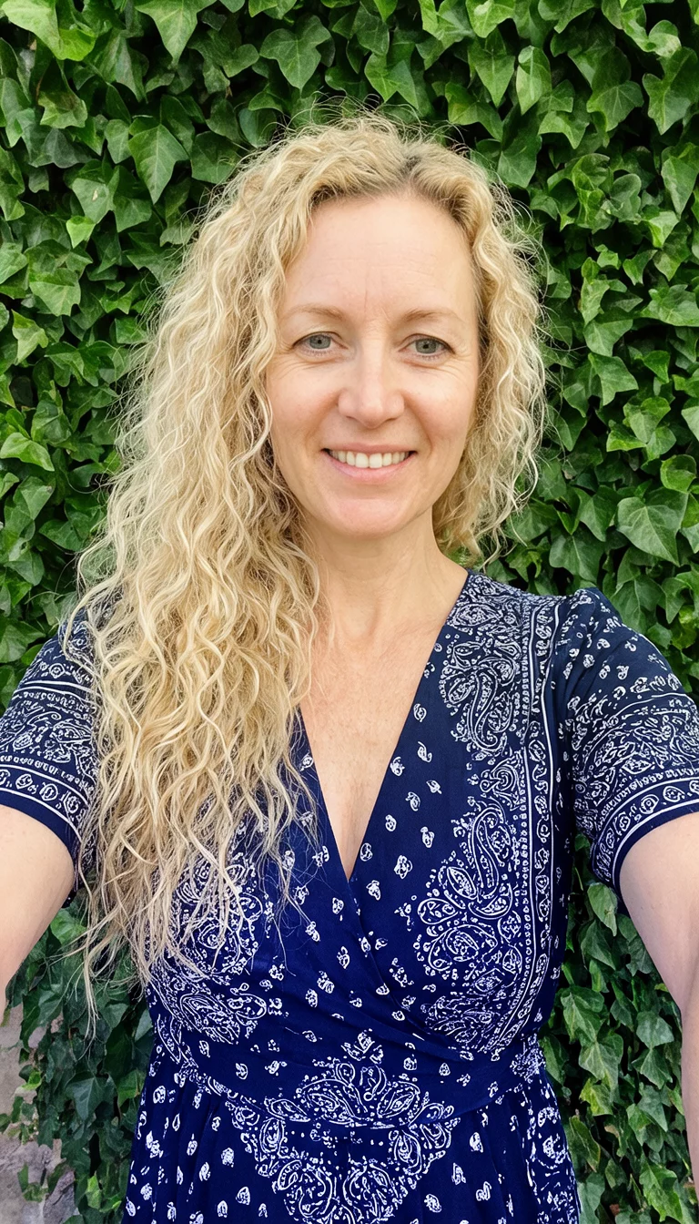 selfie of a 38-year-old woman wearing a navy blue bandana-print dress with a long, blonde curly hair, front view, lush green leaf wall