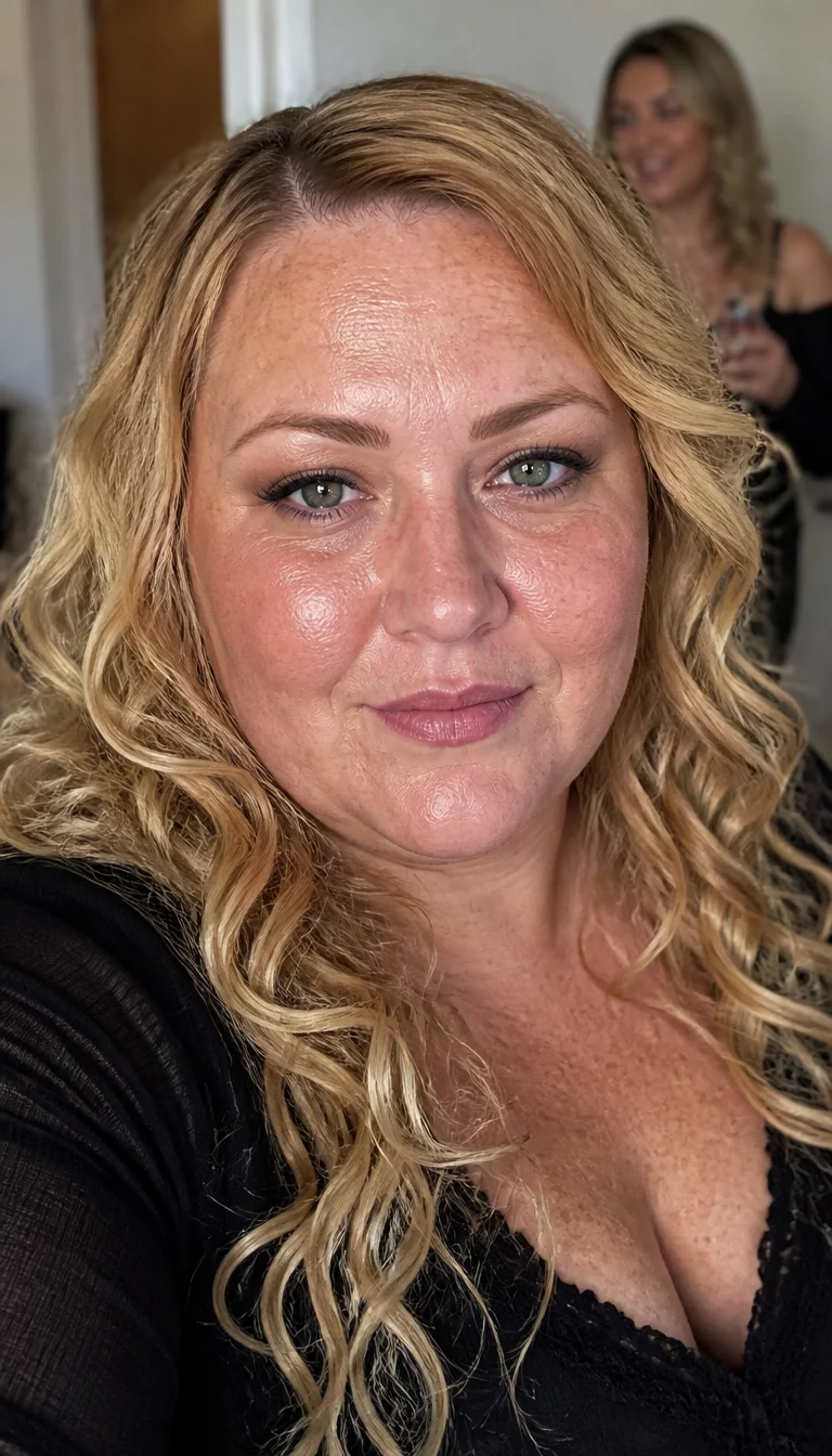 Contrasting Blonde and Dark Waves selfie of a 35-year-old plus size Caucasian woman with a chubby face and straight nose. The skin is heavily textured with a complex pattern of sun spots and a faint, thin scar traversing the left eyebrow. The eyes are deep-set green. She is wearing a black outfit with a long curly blonde hairstyle, front view, blurred background with another woman.
