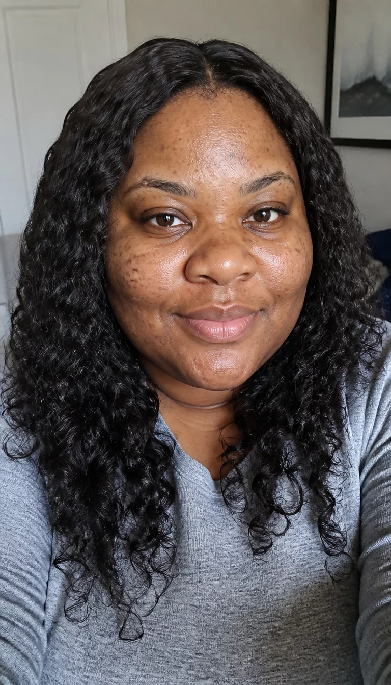 Elevated Long Dark Spirals selfie of a 30-year-old plus size Black woman with a chubby face and broad nose. The skin is heavily textured with a complex pattern of dark spots and a faint, thin scar traversing the left eyebrow. The eyes are chocolate brown. She is wearing a grey long-sleeved top with a long dark curly hairstyle, front view, well-lit room.