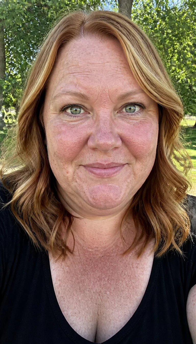 Warm Ginger Wavy Layers selfie of a 45-year-old plus size Caucasian woman with a chubby face and rounded nose. The skin is heavily textured with a complex pattern of sun damage and a faint, thin scar traversing the left eyebrow. The eyes are green. She is wearing a black top with a shoulder-length wavy ginger hairstyle with blonde highlights, front view, outdoor sunlight.