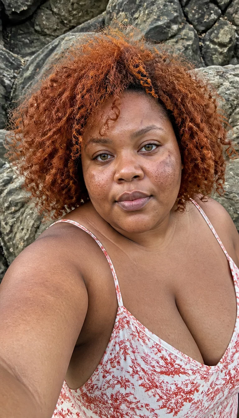 Auburn Curls with Earthy Vibes selfie of a 31-year-old plus size Black woman with a chubby face and slightly flared nose. The skin is heavily textured with a complex pattern of subtle birthmarks on the cheek and a faint, thin scar traversing the left eyebrow. The eyes are warm hazel. She is wearing a white and red printed slip dress with a voluminous auburn curly hairstyle, front view, rocky background.