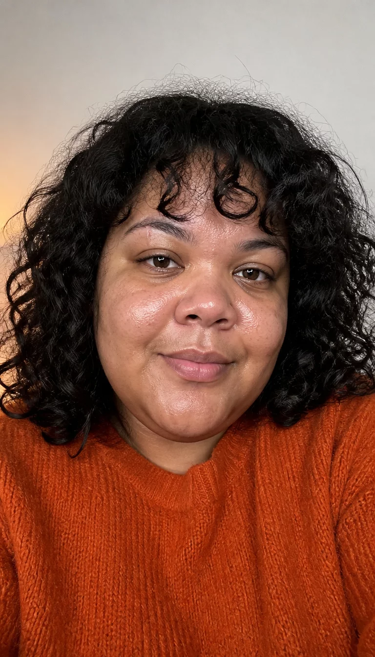 Textured Shag with Curly Bangs selfie of a 32-year-old plus size Mixed-race woman with a chubby face and wide nose. The skin is heavily textured with a complex pattern of oily patches and a faint, thin scar traversing the left eyebrow. The eyes are dark brown. She is wearing an orange textured sweater with a dark curly shag hairstyle with bangs, front view, indoor studio.