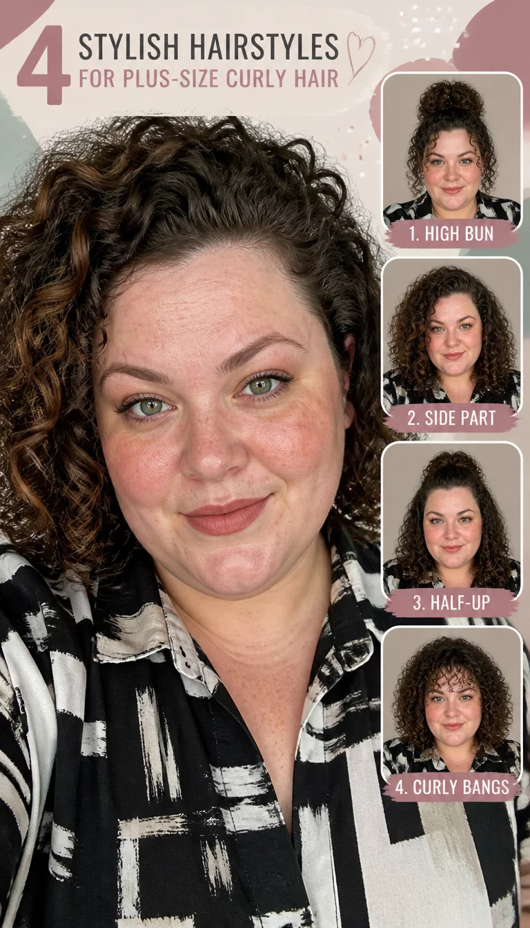 Multi-Hairstyle Curly Inspiration selfie of a 31-year-old plus size Caucasian woman with a chubby face and delicate nose. The skin is heavily textured with a complex pattern of uneven skin tone and a faint, thin scar traversing the left eyebrow. The eyes are green. She is wearing a stylish blouse with a collage displaying four different hairstyles for plus-size curly hair, front view, digital graphic background.
