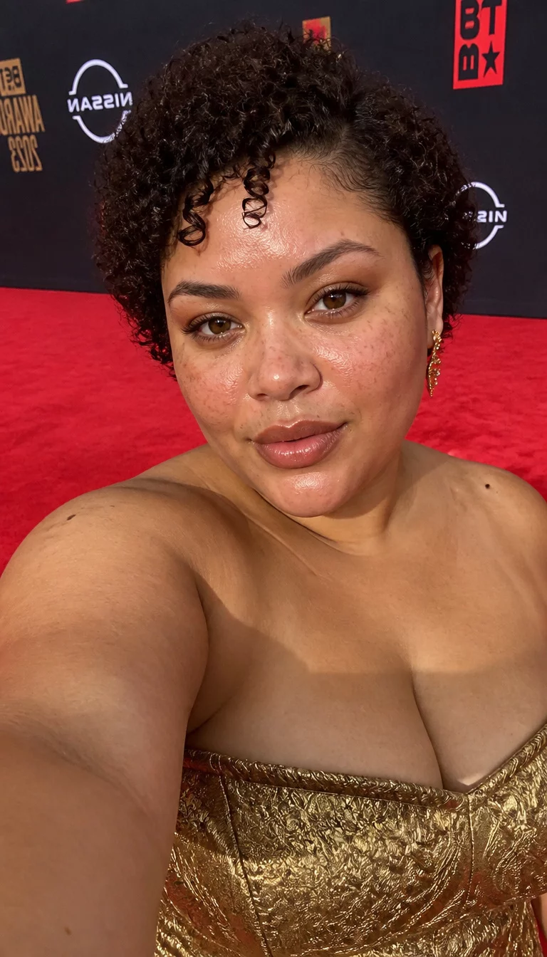 Chic Short Cropped Curls selfie of a 28-year-old plus size Multi-ethnic woman with a chubby face and delicate nose. The skin is heavily textured with a complex pattern of small beauty marks and a faint, thin scar traversing the left eyebrow. The eyes are almond shaped brown. She is wearing a strapless gold intricately patterned top with a short dark curly hairstyle, front view, red carpet background.