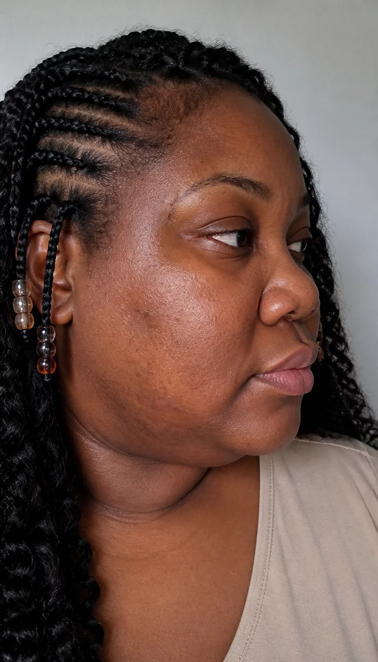 Beaded Cornrows and Curls casual photo of a 34-year-old plus size Black woman with a chubby face and flared nose. The skin is heavily textured with a complex pattern of deep pores and a faint, thin scar traversing the left eyebrow. The eyes are dark brown. She is wearing a neutral top with a curly hair styled with cornrows and beads, side view, neutral background.