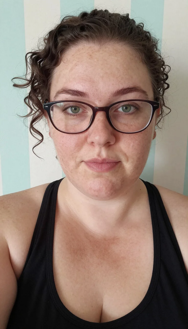 selfie of a 35-year-old plus size Caucasian woman with a chubby face and straight nose. The skin is heavily textured with a complex pattern of light freckles and a faint, thin scar traversing the left eyebrow. The eyes are green. She is wearing a black halter top and glasses with a dark curly hairstyle, front view, pastel striped background.