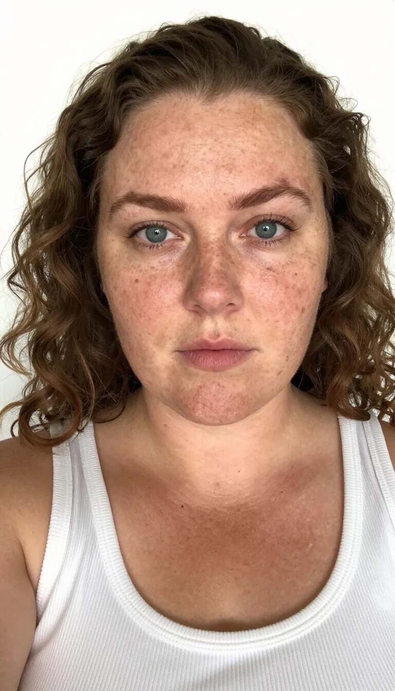 selfie of a 34-year-old plus size Caucasian woman with a chubby face and straight nose. The skin is heavily textured with a complex pattern of light freckles and a faint, thin scar traversing the left eyebrow. The eyes are blue-green. She is wearing a white ribbed tank top with a natural curly brown hairstyle, front view, white background.
