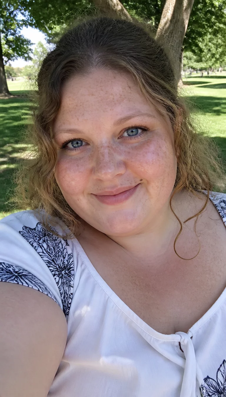 Light Brown Sunny Spirals selfie of a 29-year-old plus size Caucasian woman with a chubby face and delicate nose. The skin is heavily textured with a complex pattern of dense freckles across the bridge of the nose and a small mole near the corner of the mouth. The eyes are bright blue. She is wearing a white top with black floral print on the sleeves with a messy light brown curly hairstyle, front view, sunny outdoor park background.
