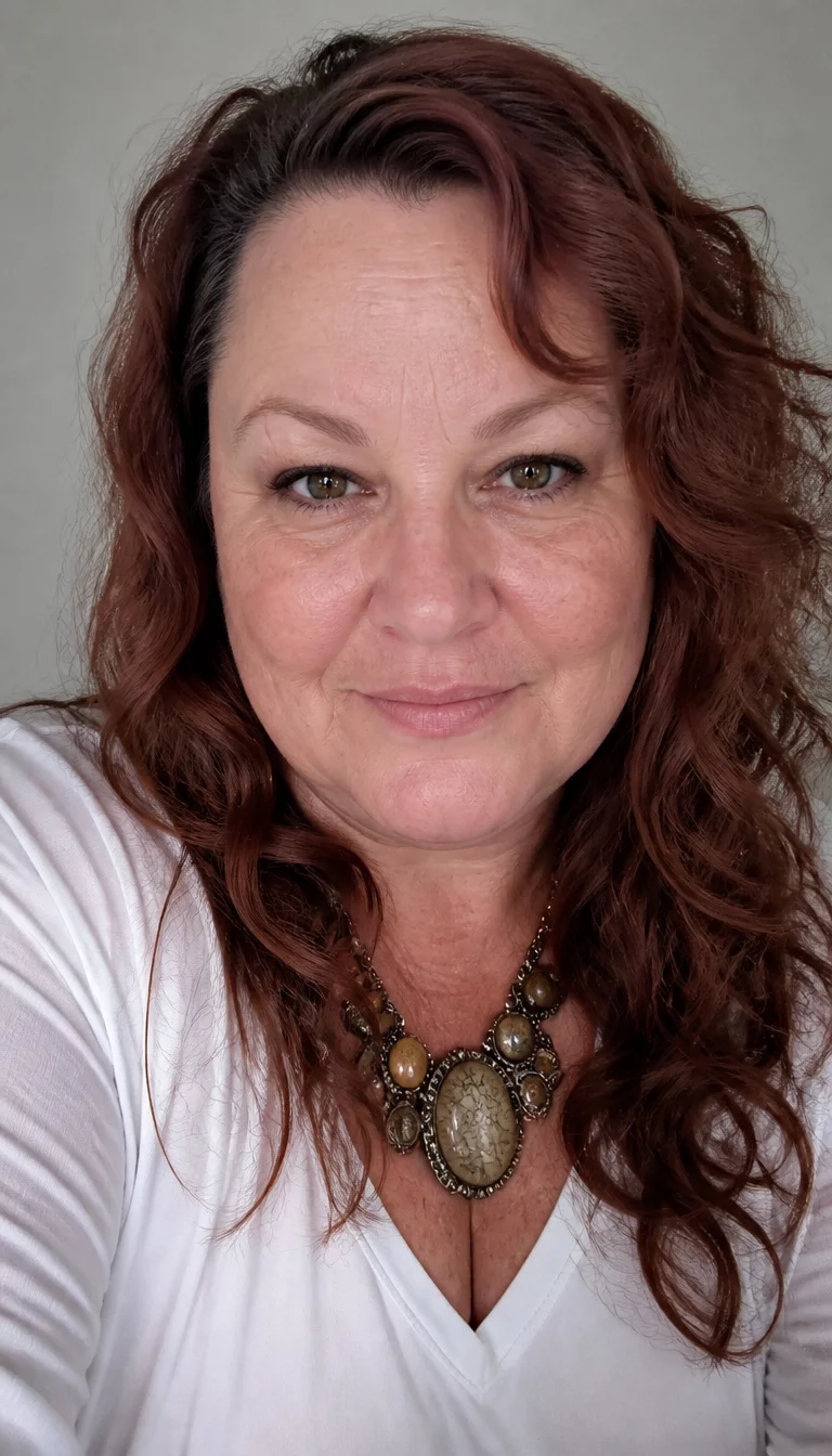 Classic Reddish-Brown Waves selfie of a 49-year-old plus size Caucasian woman with a chubby face and delicate nose. The skin is heavily textured with a complex pattern of aging lines and a faint, thin scar traversing the left eyebrow. The eyes are hazel. She is wearing a white top and statement necklace with a long wavy reddish-brown hairstyle, front view, neutral background.