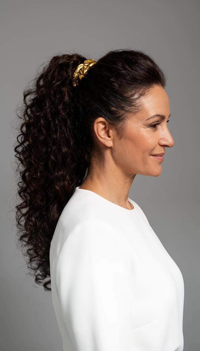 casual photo of a 42-year-old woman wearing a white top with a high, voluminous dark curly ponytail with a gold accent, side view, upscale studio background