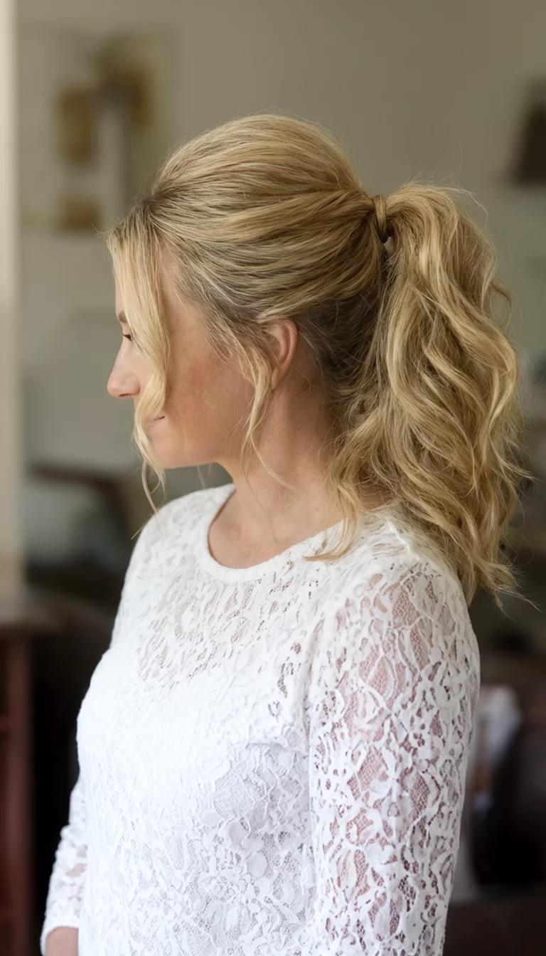 casual photo of a 30-year-old woman wearing a white lace top with blonde hair in a voluminous, swept-back ponytail with loose tendrils, side view, soft indoor lighting background