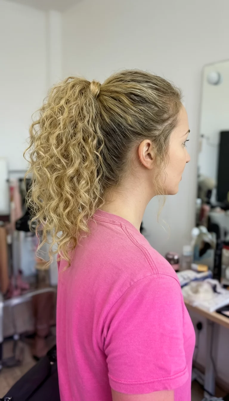 casual photo of a 31-year-old woman wearing a pink t-shirt with a high ponytail made of curly blonde hair, side view, indoor styling room background