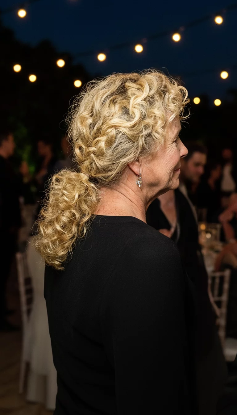 casual photo of a 45-year-old woman wearing a black top with blonde curly hair in a low, side ponytail with twisted sections, side view, evening event background