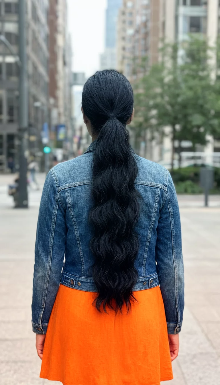casual photo of a 29-year-old woman wearing a denim jacket and orange skirt with a long, black, wavy hair styled into a voluminous ponytail, back view, outdoor city background